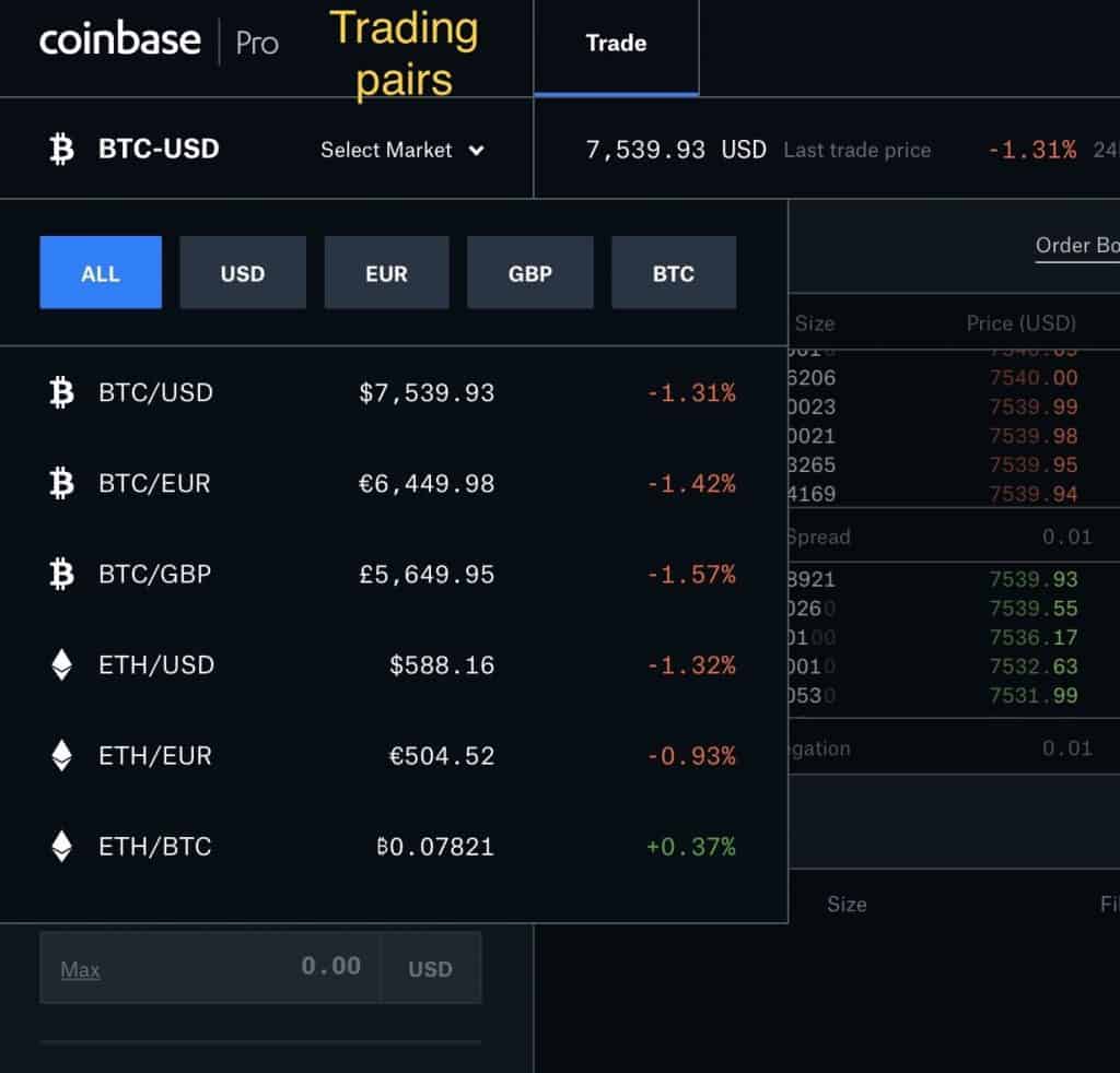 Drop down menu top left of the Coinbase Pro trading page opens all of the US dollar, euro and british pound options for buying and selling bitcoin, ethereum, litecoin and bitcoin cash.